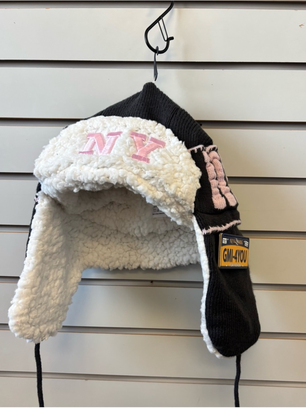 Woman’s NY Sherpa-Lined Trapper Hat - Black & White with Pink Accent